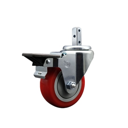 Service Caster 3.5'' Red Polyurethane Wheel Swivel 3/4'' Square Stem Caster with Brake SCC-SQ20S3514-PPUB-RED-PLB-34